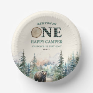 Bols En Carton ONE Happy Camper Green Bear 1er anniversaire fête