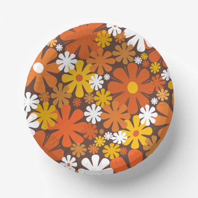 Bols En Carton Retro 60s les années 70 Floral Pattern Orange et B (Recto)