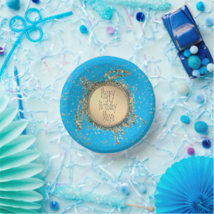 Bols En Carton Tortue dorée sur bleu Anniversaire