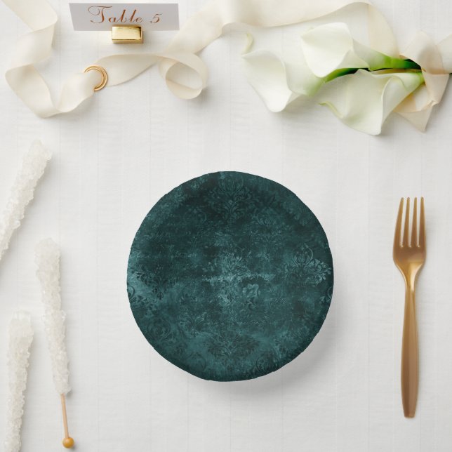 Bols En Carton Velvety Turquoise Damask | Grunge vert foncé Baroq (Mariage)
