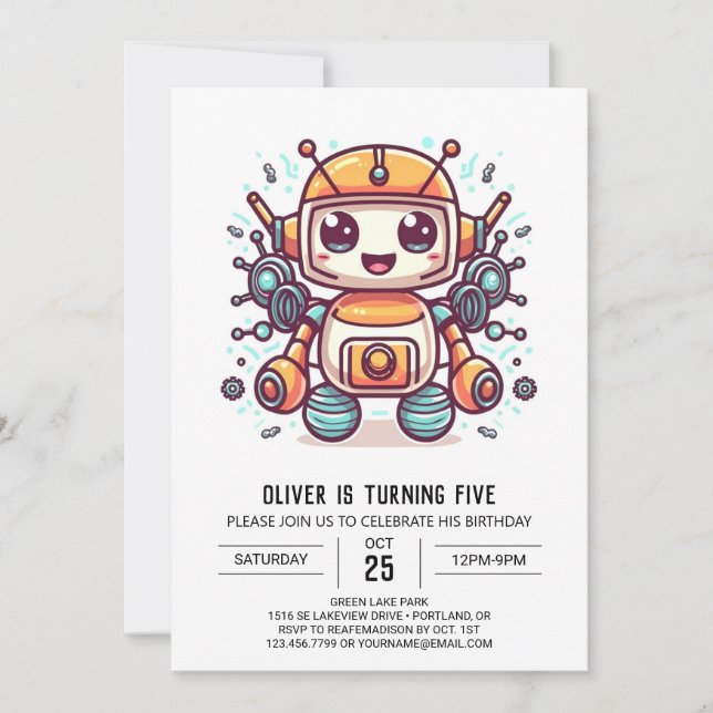 Bolts Cute Metallic Robot Birthday Invitation (Front)