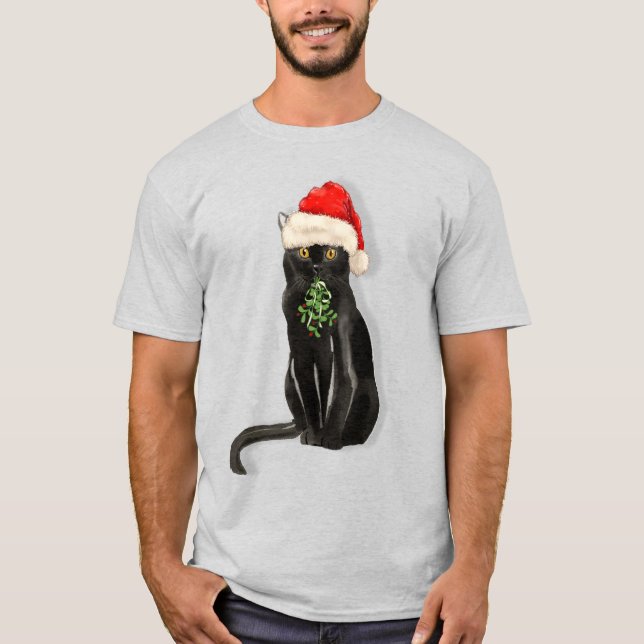 Bombay Cat Breed Black Kitty in a Santa Hat T-Shirt (Front)