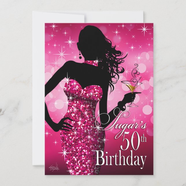 Bombshell Sparkle 50th Birthday | fuschia Invitation (Front)