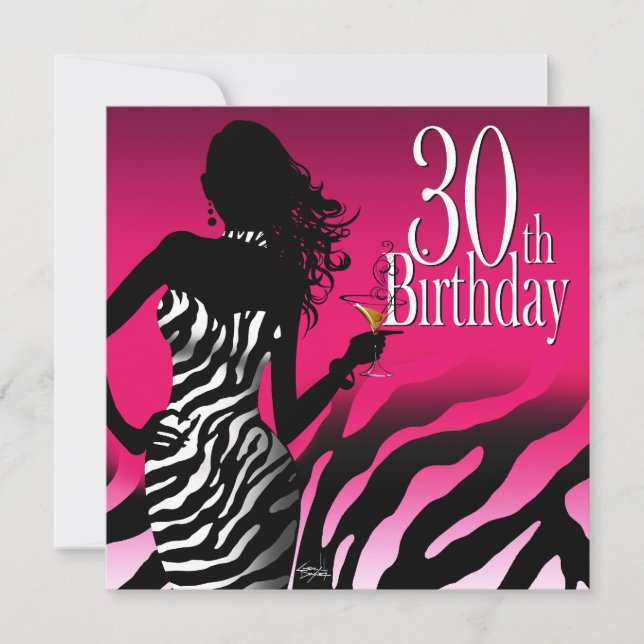 Bombshell Zebra 30th Birthday Party Fuschia Invitation (Front)
