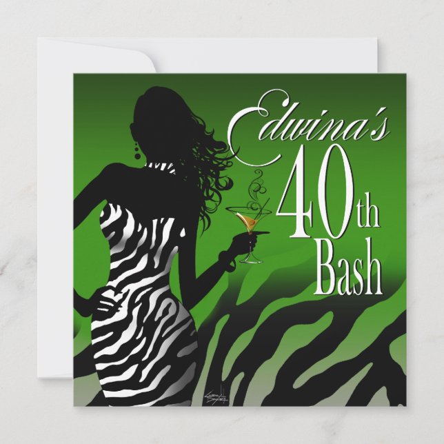 Bombshell Zebra Edwina's 40th Birthday Green Invitation (Front)