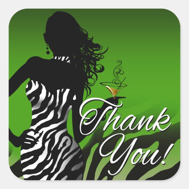 Bombshell Zebra Party Thank You | Green 3 inch Square Sticker (Front)