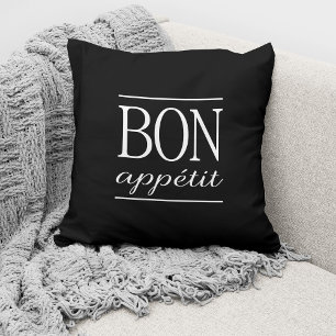 BON APPETIT Black Kitchen Typography Quote Throw Pillow