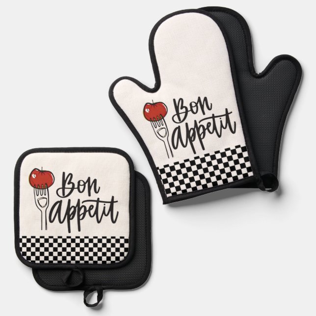 Bon Appetit Design Oven Mitt & Pot Holder Set (Front/Back)