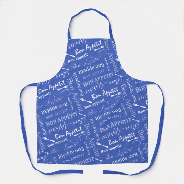 Bon Appetit French Chef Blue and White Pattern Apron (Front)