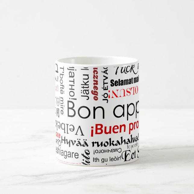 Bon appetit in many different languages typography coffee mug (Center)