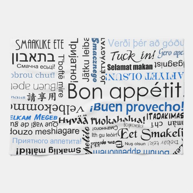 Bon appetit in other languages - blue kitchen towel (Horizontal)