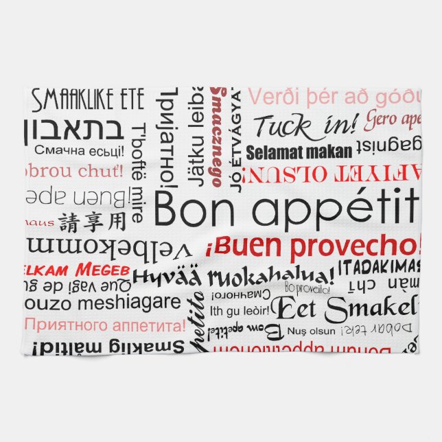 Bon appetit in other languages - red kitchen towel (Horizontal)