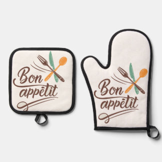 Bon Appétit Kitchen Decor Cutlery Illustration Oven Mitt & Pot Holder Set