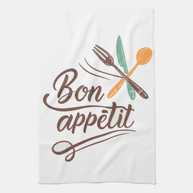 Bon Appétit Kitchen Decor Cutlery Illustration Towel (Vertical)