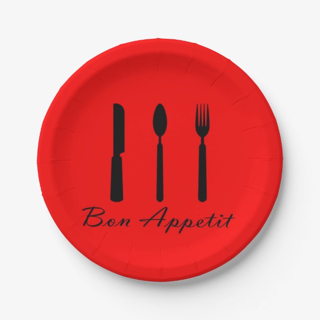 Bon Appetit Red and Black Paper Plates (Front)