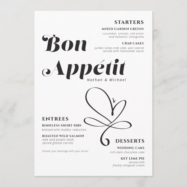 Bon Appetit Wedding Dinner Black White Menu (Front)