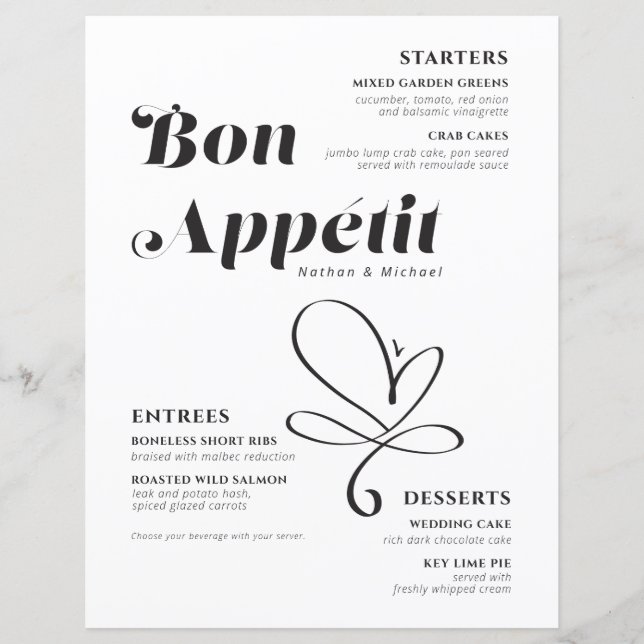 Bon Appetit Wedding Dinner Black White Paper (Front)