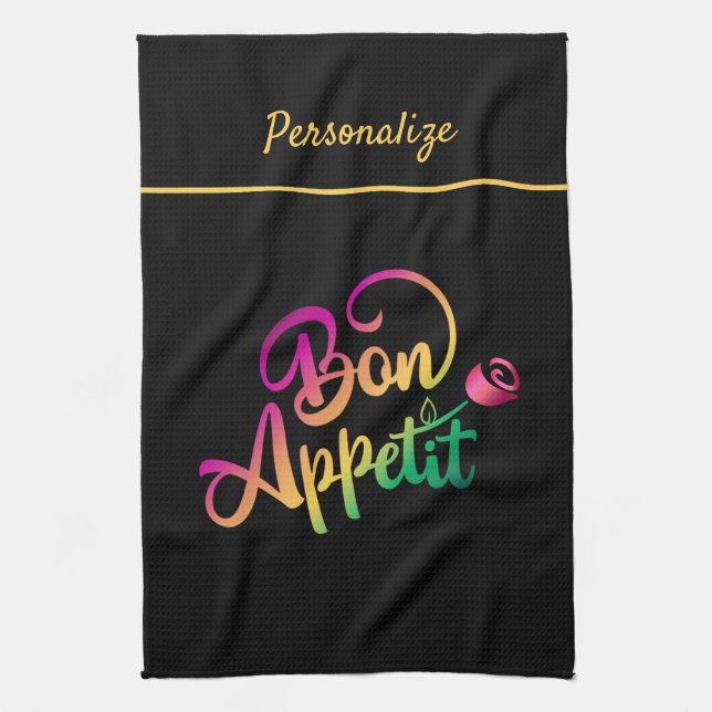 Bon Appetite Quote Purple Yellow Black Kitchen Towel (Vertical)