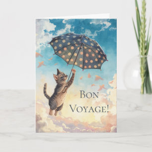 Bon Voyage Cat and Umbrella Flying in the Air Card