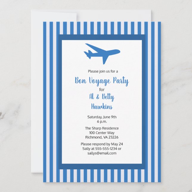 Bon Voyage Party Airplane Couple Blue Stripes Invitation (Front)