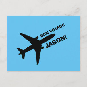 Bon Voyage Plane on Blue Custom Name Postcard