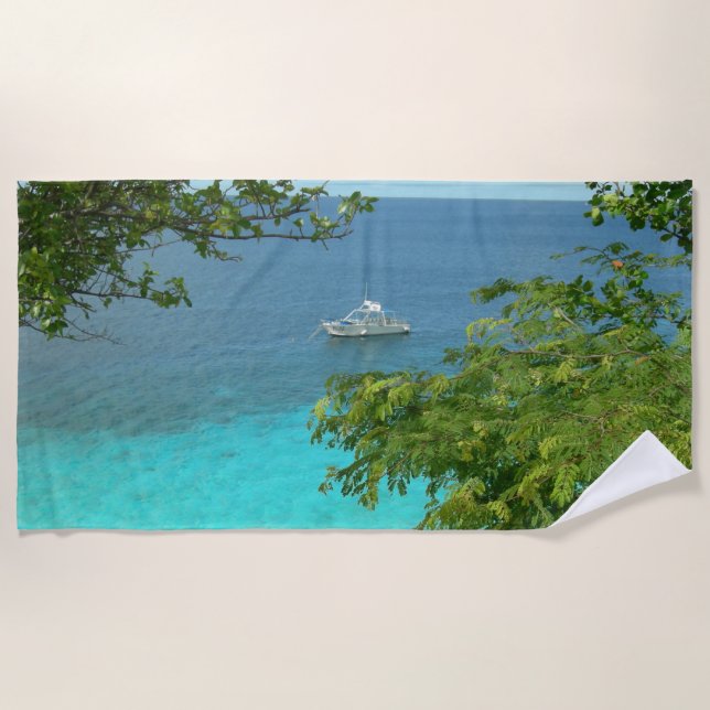 Bonaire Ocean View with Boat Beach Towel (Front)