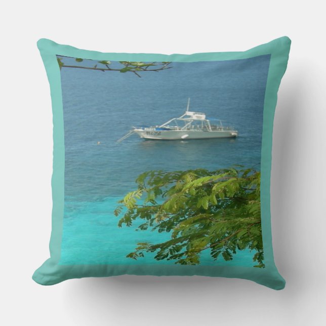 Bonaire Ocean View with Boat Throw Pillow (Front)