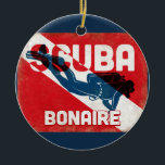 Bonaire Scuba Diver - Blue Retro Ceramic Ornament<br><div class="desc">Bonaire Caribbean scuba diving design. A vintage style retro red scuba flag background with navy blue scuba diver.</div>