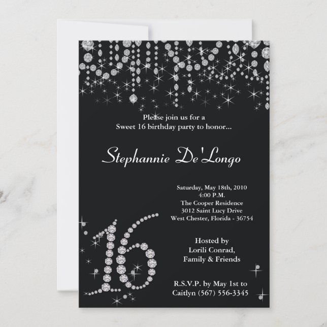 bonbon au diamant 5x7 noir invitation de 16 (Devant)