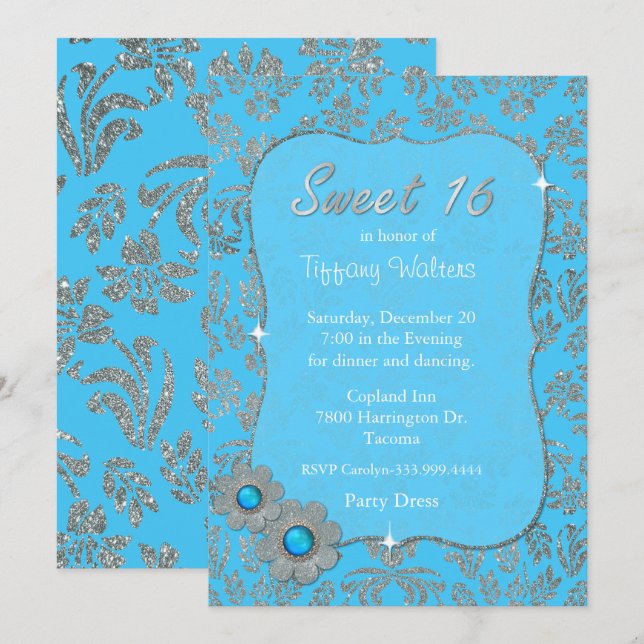 Bonbon bleu et argenté invitation de 16 (Devant / Derrière)