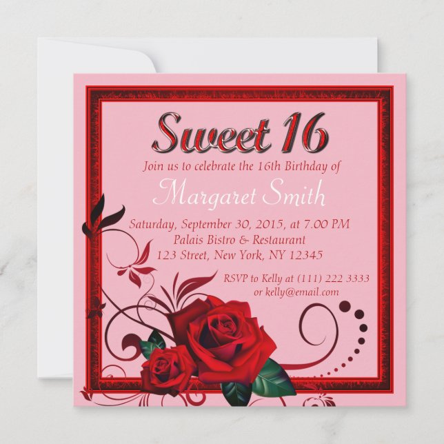 Bonbon élégant à rose rouge invitation de 16 (Devant)