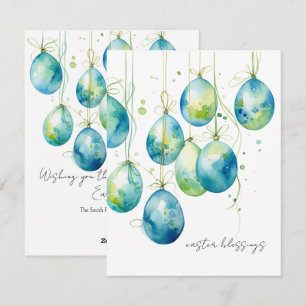 Bondi Blue and Spring Easter Eggs on Gold String Holiday Card
