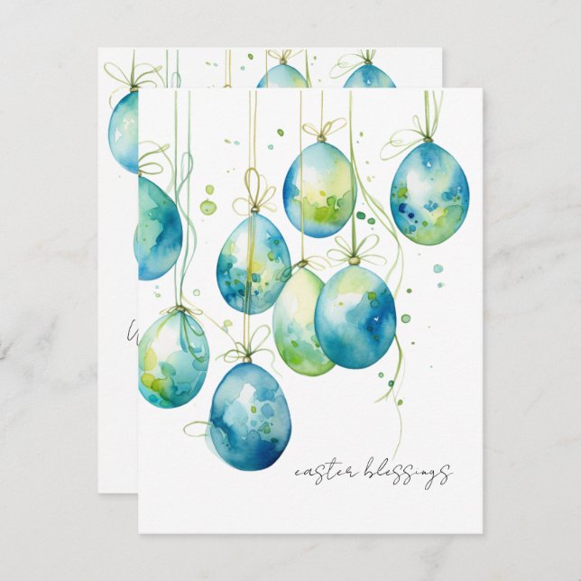 Bondi Blue and Spring Easter Eggs on Gold String Holiday Card (Front/Back)