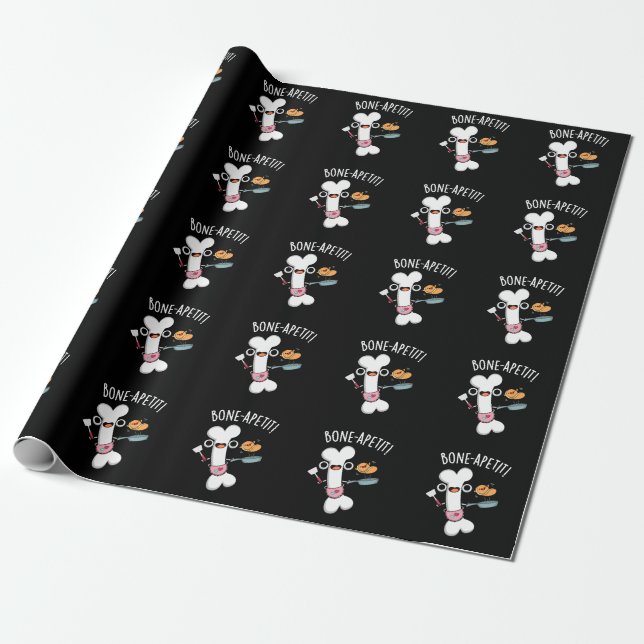 Bone Apetit Funny Cooking Pun Dark BG Wrapping Paper (Unrolled)