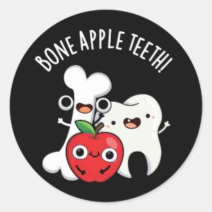 Bone Apple Teeth Funny Bona Appetit Pun Dark BG Classic Round Sticker