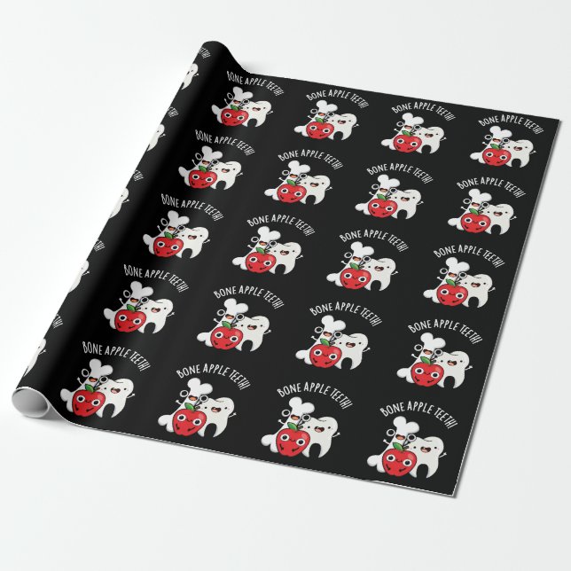 Bone Apple Teeth Funny Bona Appetit Pun Dark BG Wrapping Paper (Unrolled)