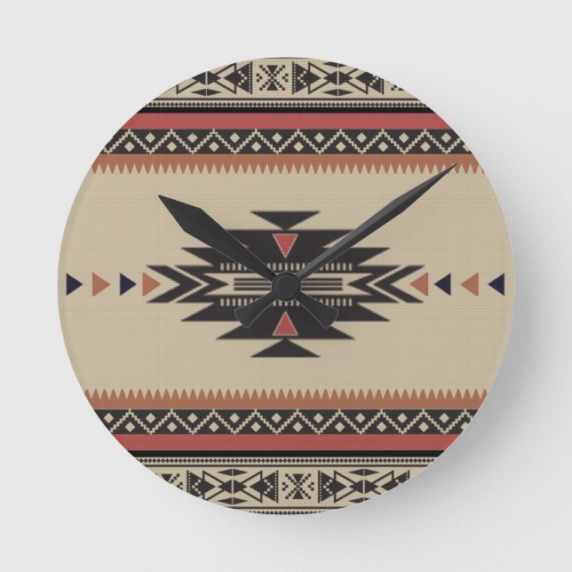 Bone, Black, Rust American Indian Style Round Clock (Front)