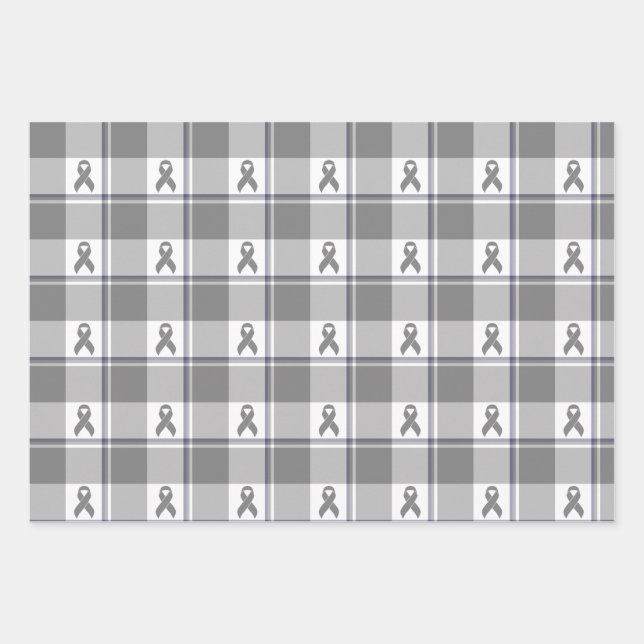 Bone Cancer Awareness Plaid Gray Ribbon Wrapping Paper Sheet (Front)