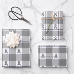 Bone Cancer Awareness Plaid Gray Ribbon Wrapping Paper Sheet