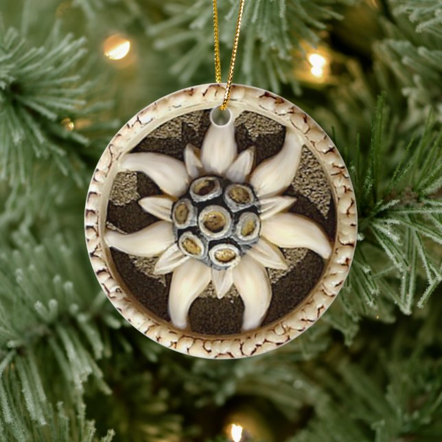 Bone Carved Edelweiss  Ceramic Ornament (Tree)