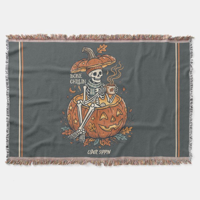 Bone Chillin Cider Sippin Fall Skeleton Halloween Throw Blanket (Front)
