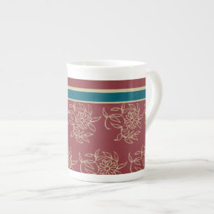 Bone China Coffee Mug, Maroon Blue Floral Mug