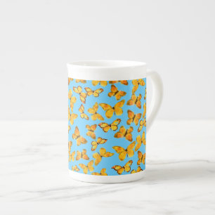 Bone China Mug, Golden Butterflies on Sky Blue Mug