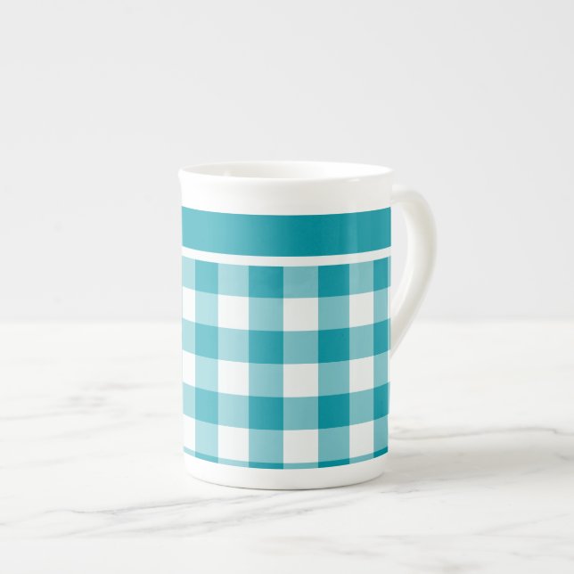 Bone China Mug, Teal and White Check Gingham Mug (Front Right)