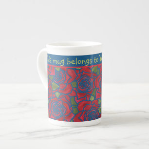 Bone China Mug to Personalise: Red Roses Dark Blue