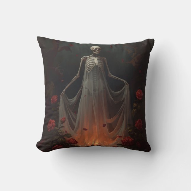 Bone girl wearing a wedding dress in a forest  throw pillow (Front)