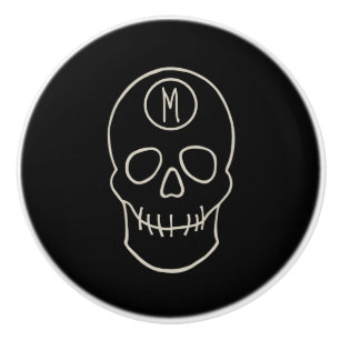 Bone white Skull on black with monogram Ceramic Knob