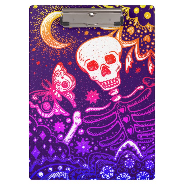 BONES IN THE GARDEN SKELETON, FOLK ART MOON, MOTH CLIPBOARD (Front)