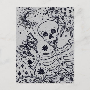 BONES IN THE GARDEN SKELETON, FOLK ART MOON MOTH HOLIDAY POSTCARD