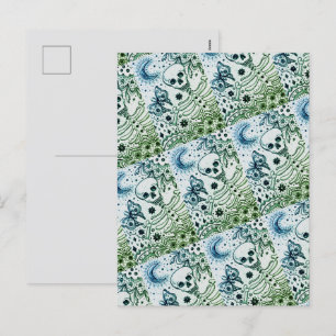 BONES IN THE GARDEN SKELETON, FOLK ART MOON MOTH HOLIDAY POSTCARD